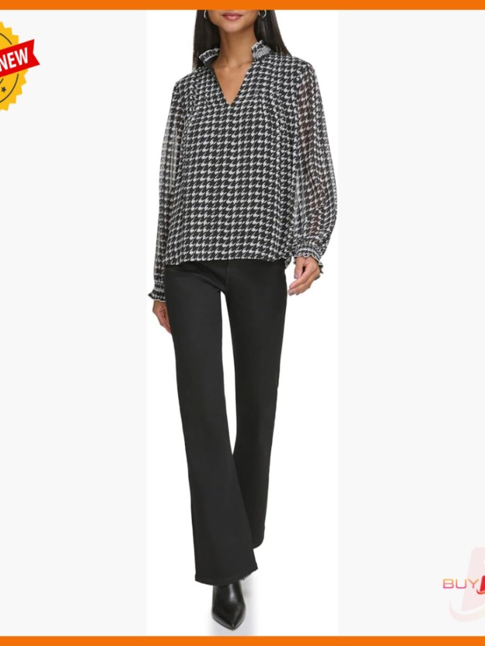 Long Sleeve Houndstooth Blouse Regular Fit V-Neck Casual Button Down Shirt
